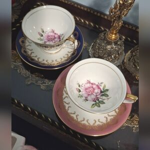 Set Of 2 Aynsley Elegant Floral Teacup Set - Light Pink and Cobalt Blue